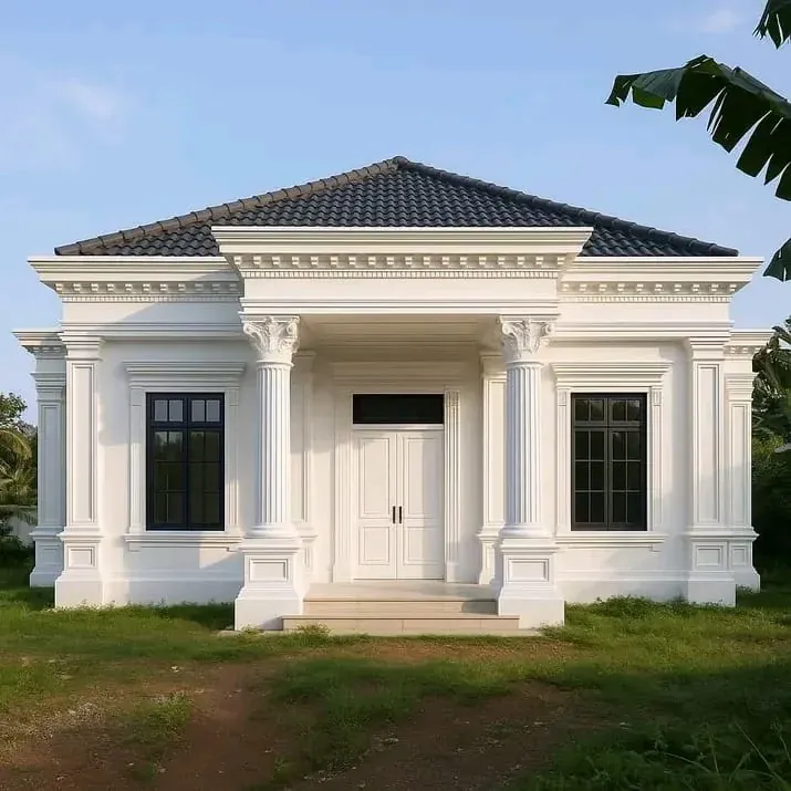 Rumah Klasik 1 Lantai dengan Portico Simetris